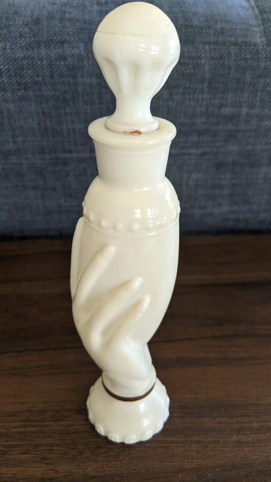 Vintage Victorian Revival Milk Glass Hand Motif Cologne/Perfume Bottle cover