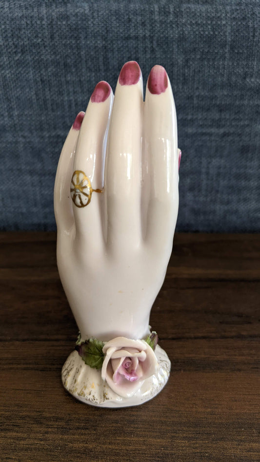 Vintage Victorian Revival Ceramic Painted Hand Gold Ring Bud Vase cover