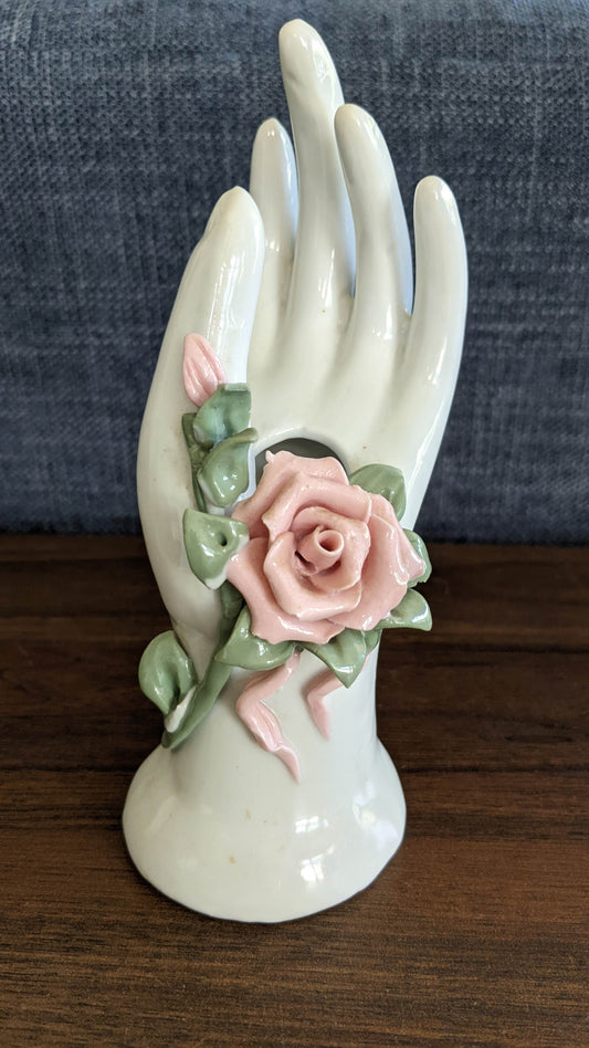 Vintage Victorian Revival Ceramic Hand Rose Bud Vase cover