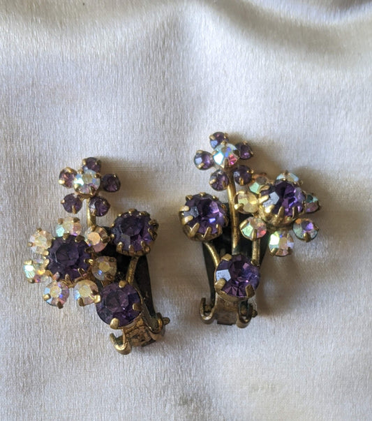 Vintage Czech Glass Purple Crystal ab Floral Rhinestone Earrings cover