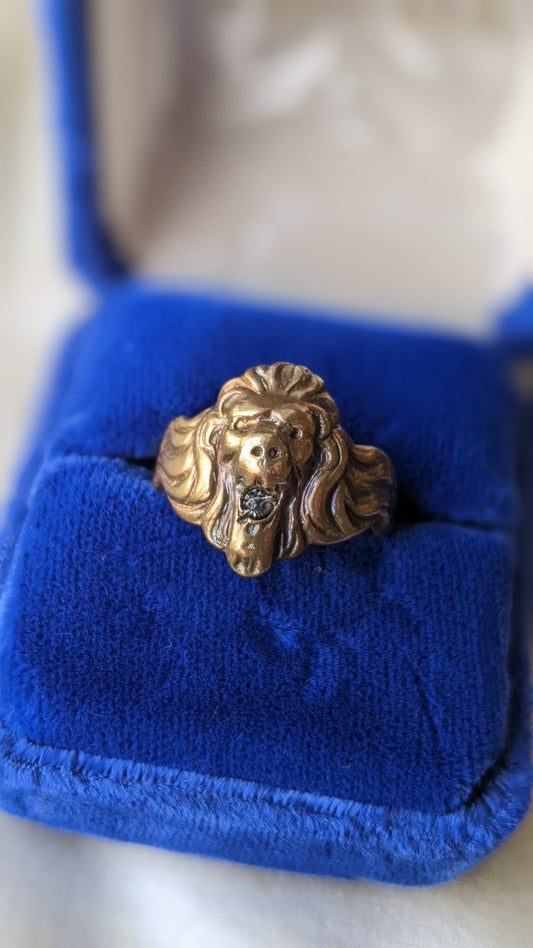 Antique Victorian Era Gold Filled Lion Head Diamond chip Ring cover