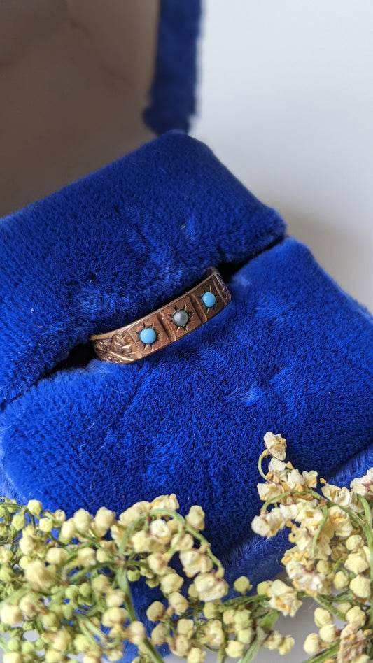 Antique 9K Rose Gold Victorian Edwardian Turquoise and Pearl Pinky/Baby Ring cover