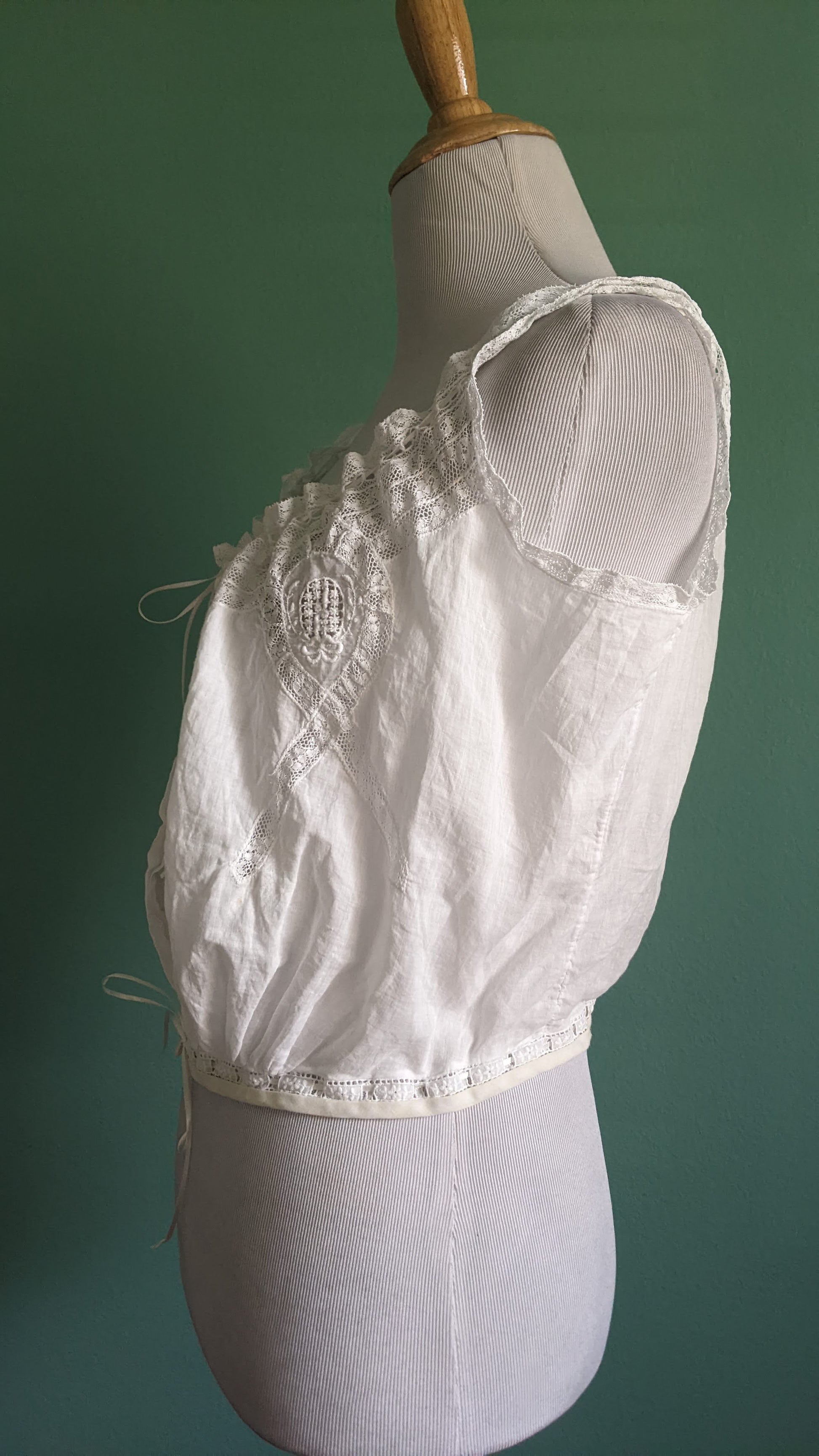 Antique cotton lace corset cover chemise side view