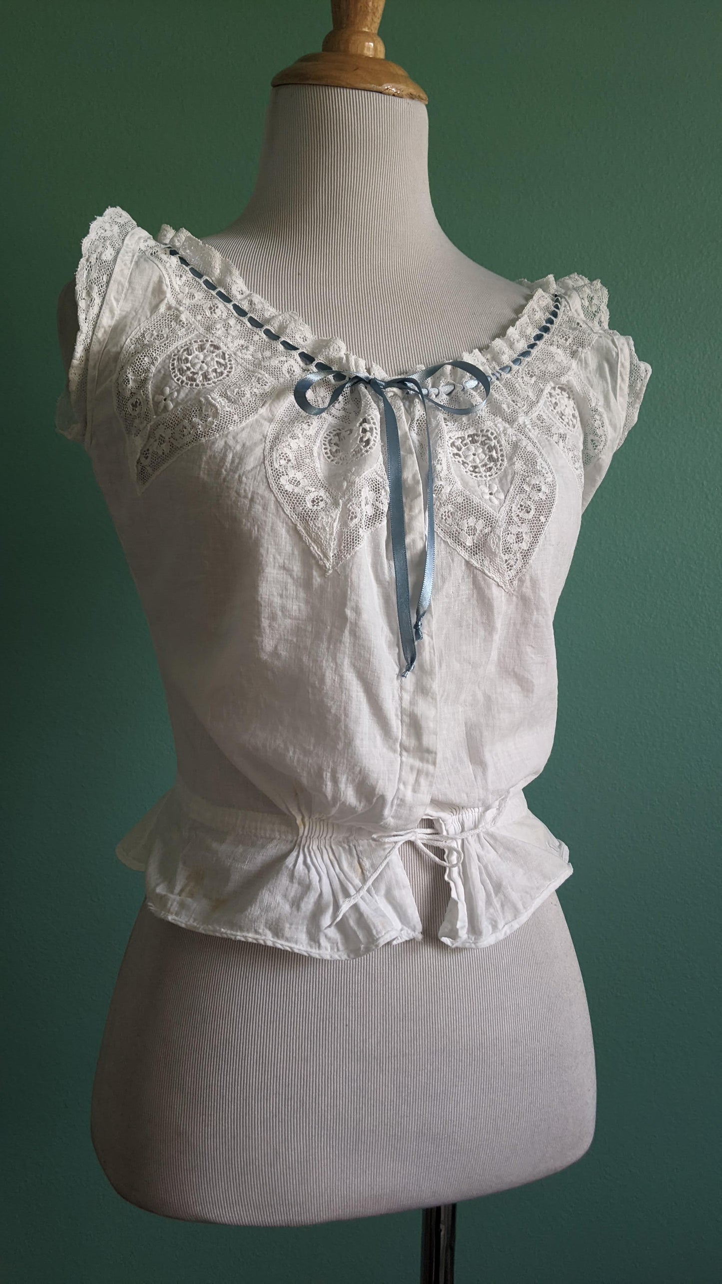 Antique Embroidered lace corset cover camisole  angle view